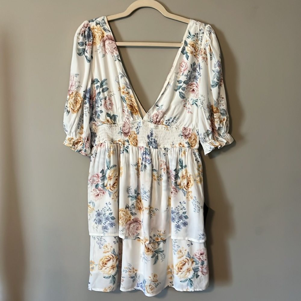 Lulu's White Floral Mini Dress with Yellow & Pink Blooms